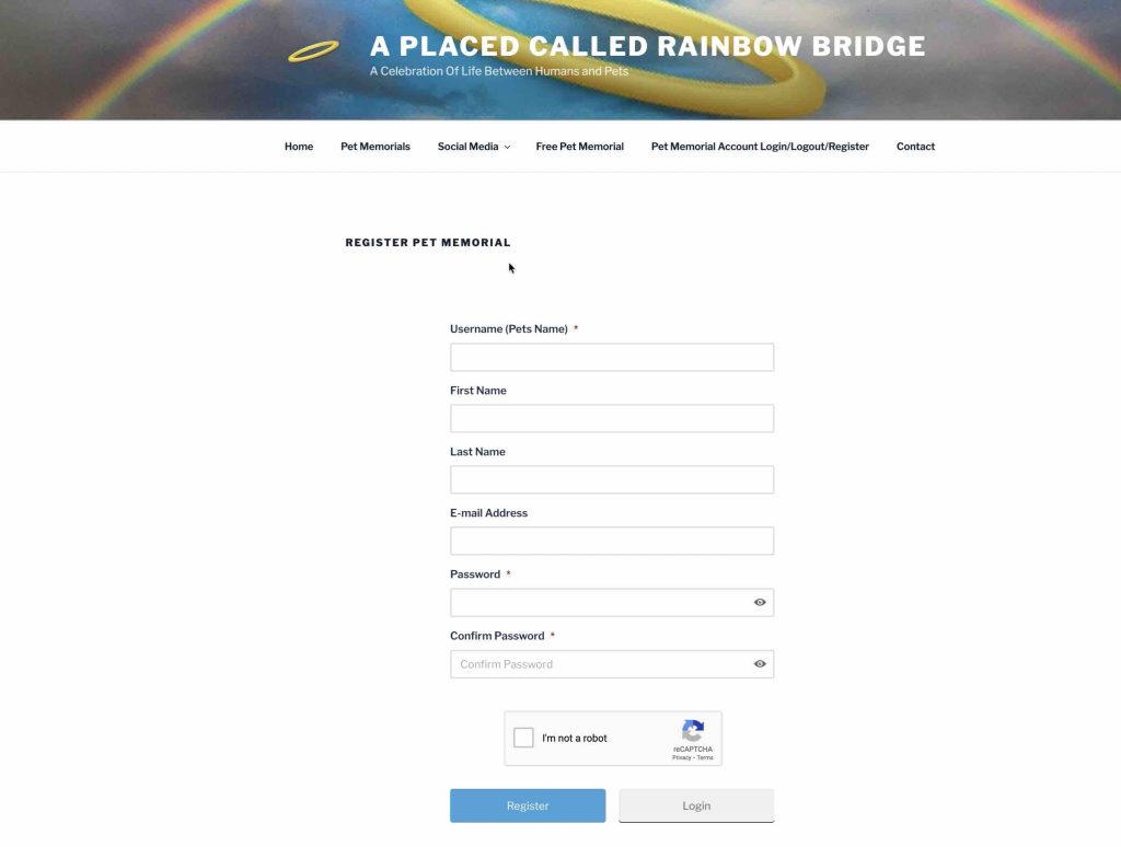 Register Pet Memorial Page Sample